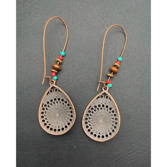 Southwestern Western Boho Style Turquoise Enameled Dangle Drop Beaded Earrings - Picture 4 of 4